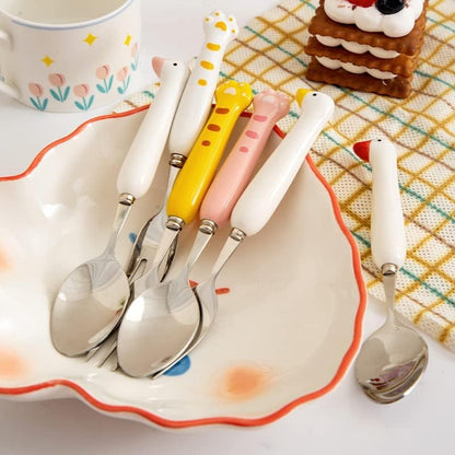 Duck Spoon Fork Cutlery Set Cute Cat Claw Portable Travel Stainless Steel Dessert Cake Fruit Ceramic Spoon Coffee Teaspoons Kitchen Accessories Tableware (Duck-Pink)