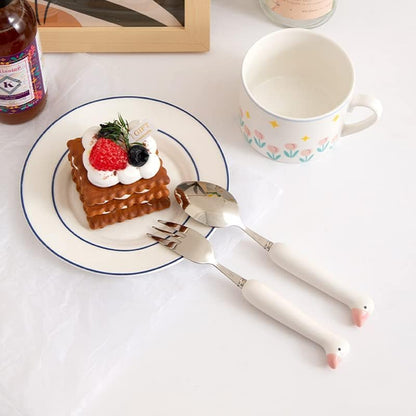 Duck Spoon Fork Cutlery Set Cute Cat Claw Portable Travel Stainless Steel Dessert Cake Fruit Ceramic Spoon Coffee Teaspoons Kitchen Accessories Tableware (Duck-Pink)