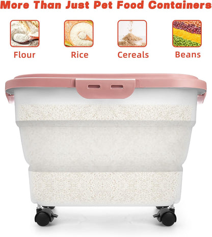 Airtight Pet Food Container, Collapsible Dog Food Storage Container 17-20 lb with Castors, Plastic Dog Food Bin with Pet Food Scoop & Measuring Cup for Dry Food Storage(red)