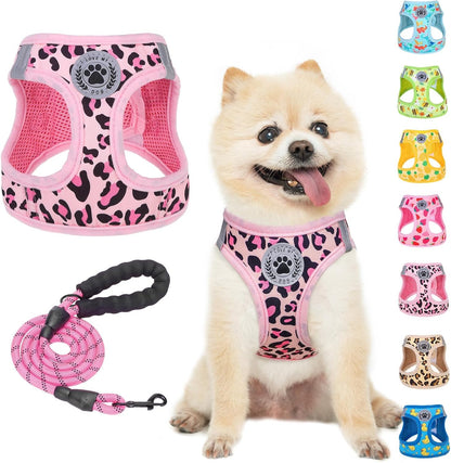 Step in Dog Harness and Leash Set,Reflective Dog Harness No Pull No Choke Puppy Harness for Small Medium Dogs Cats,Soft Padded Mesh Vest Harnesses for Girl and Boy Pets,Leopard Pink M