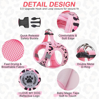 Step in Dog Harness and Leash Set,Reflective Dog Harness No Pull No Choke Puppy Harness for Small Medium Dogs Cats,Soft Padded Mesh Vest Harnesses for Girl and Boy Pets,Leopard Pink M