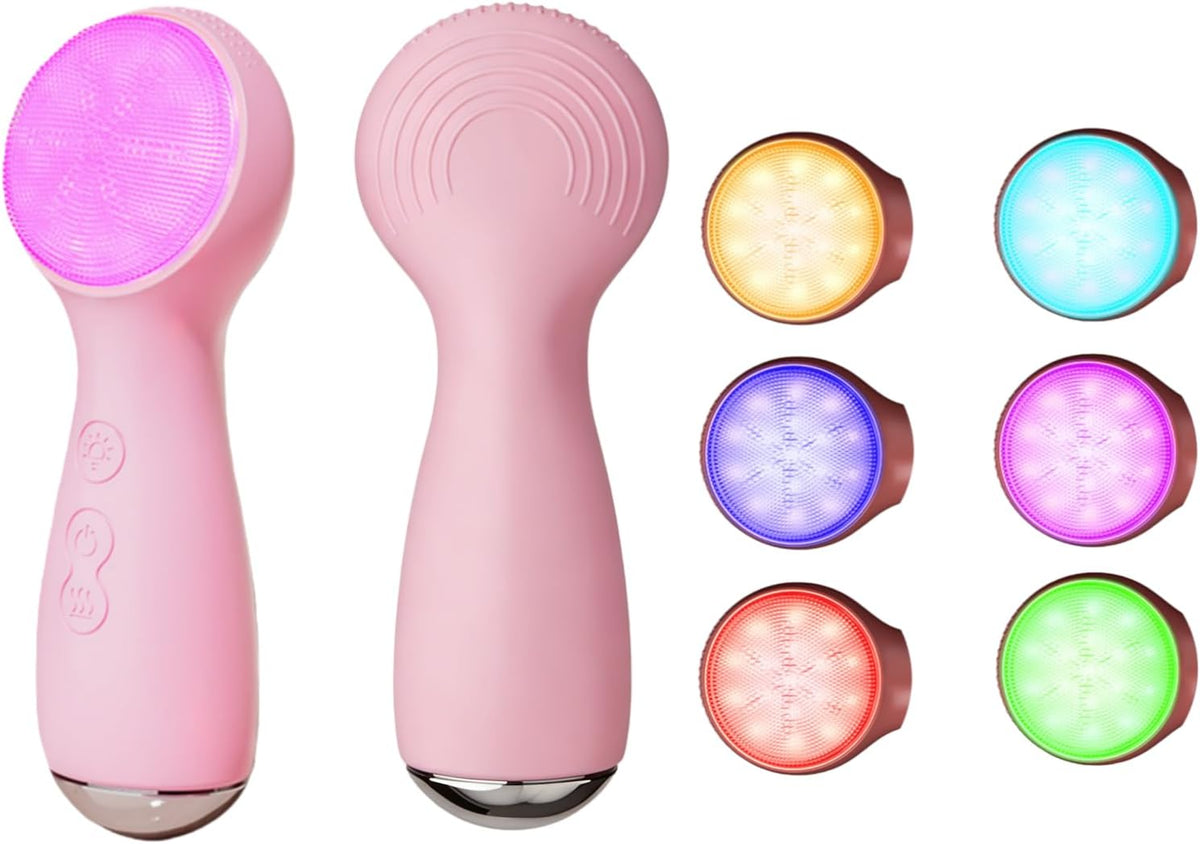 Colorful LED Silicone Face Brush, Sonic Vibration & Heat Sensation(Pink)