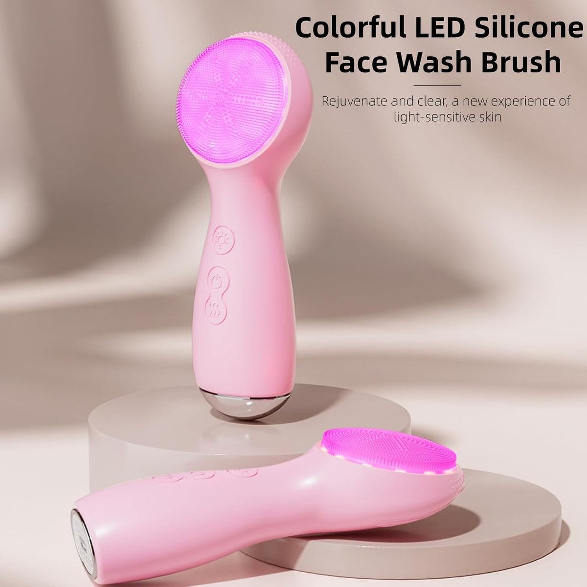 Colorful LED Silicone Face Brush, Sonic Vibration & Heat Sensation(Pink)
