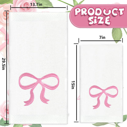 2 Pack Bow Hand Towels Valentine's Day Cotton Bath Towel Pink Bowknot Embroidered Dish Towel for Kitchen Bathroom Hand Drying Cleaning, 29.5 x 13.7 Inch