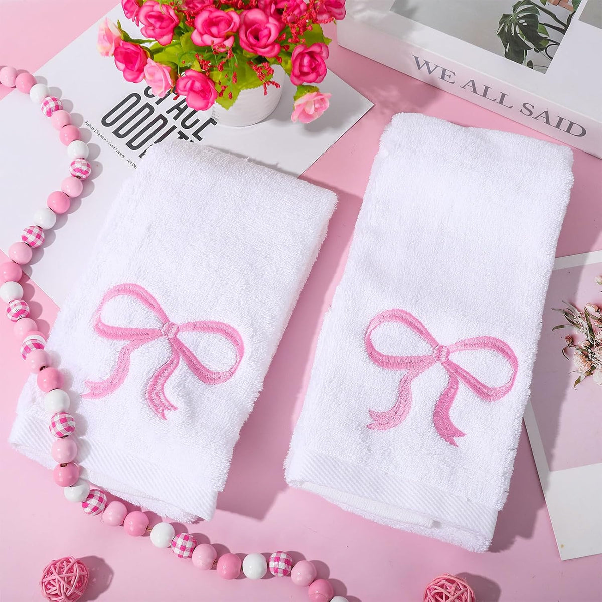 2 Pack Bow Hand Towels Valentine's Day Cotton Bath Towel Pink Bowknot Embroidered Dish Towel for Kitchen Bathroom Hand Drying Cleaning, 29.5 x 13.7 Inch