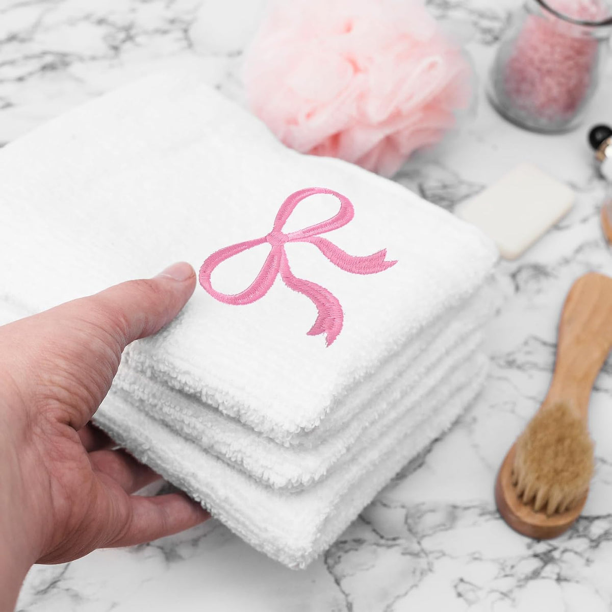 2 Pack Bow Hand Towels Valentine's Day Cotton Bath Towel Pink Bowknot Embroidered Dish Towel for Kitchen Bathroom Hand Drying Cleaning, 29.5 x 13.7 Inch