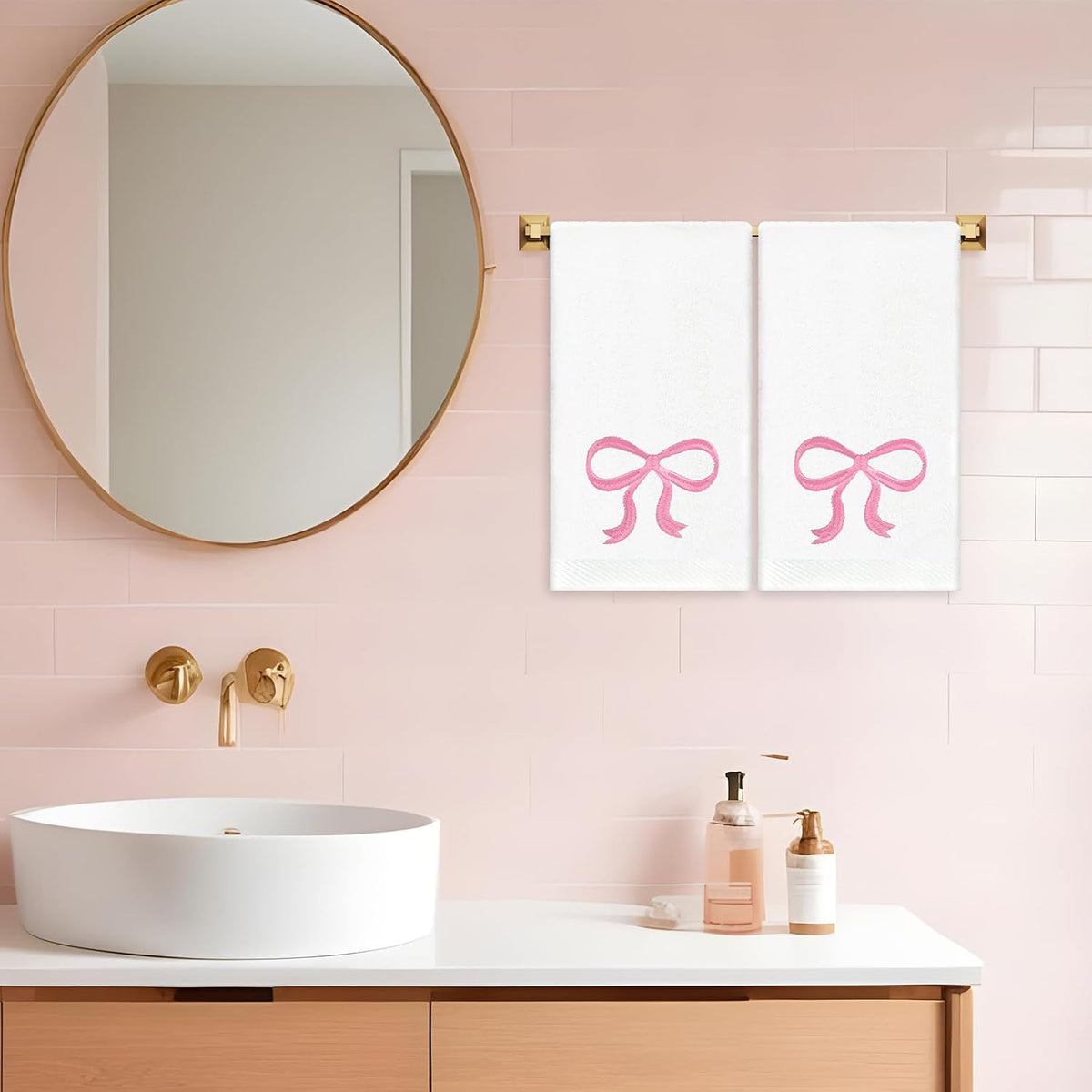 2 Pack Bow Hand Towels Valentine's Day Cotton Bath Towel Pink Bowknot Embroidered Dish Towel for Kitchen Bathroom Hand Drying Cleaning, 29.5 x 13.7 Inch