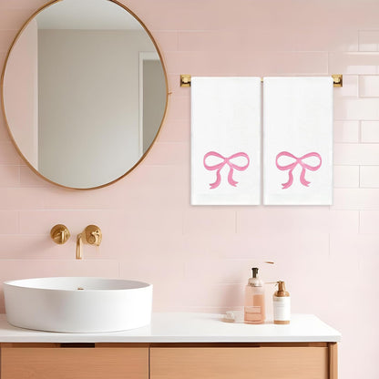 2 Pack Bow Hand Towels Valentine's Day Cotton Bath Towel Pink Bowknot Embroidered Dish Towel for Kitchen Bathroom Hand Drying Cleaning, 29.5 x 13.7 Inch