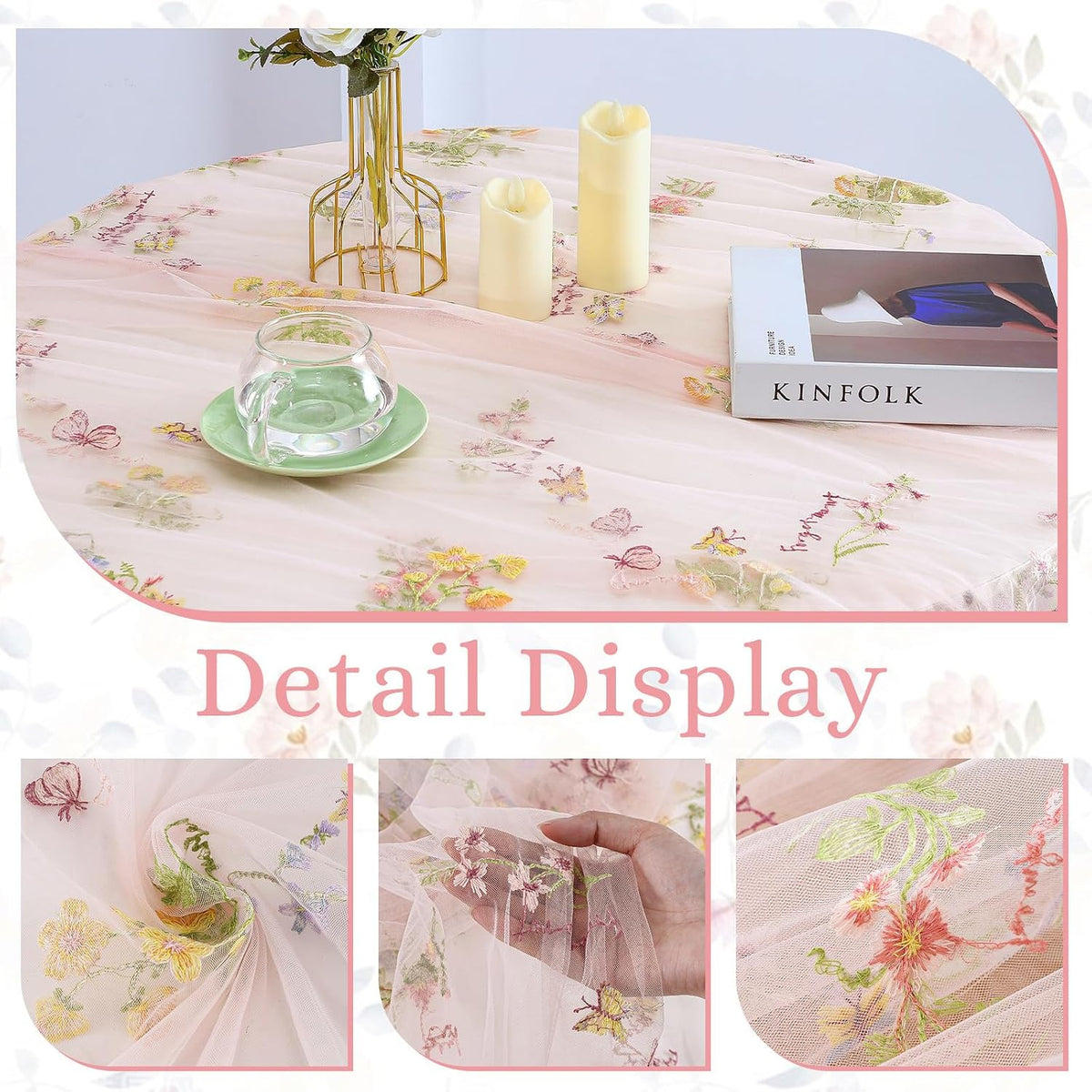 1pcs Pink Florals Table Runner Embroidery Gauze 10FT Daisy Seasonal Tulle Birthday Wedding Holiday Kitchen Dining Table Decor for Home Party
