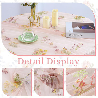1pcs Pink Florals Table Runner Embroidery Gauze 10FT Daisy Seasonal Tulle Birthday Wedding Holiday Kitchen Dining Table Decor for Home Party