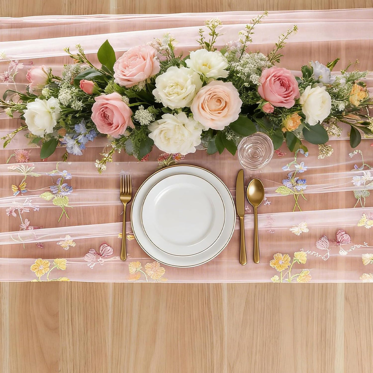 1pcs Pink Florals Table Runner Embroidery Gauze 10FT Daisy Seasonal Tulle Birthday Wedding Holiday Kitchen Dining Table Decor for Home Party