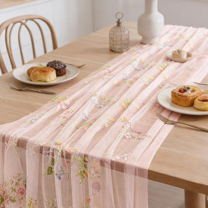 1pcs Pink Florals Table Runner Embroidery Gauze 10FT Daisy Seasonal Tulle Birthday Wedding Holiday Kitchen Dining Table Decor for Home Party