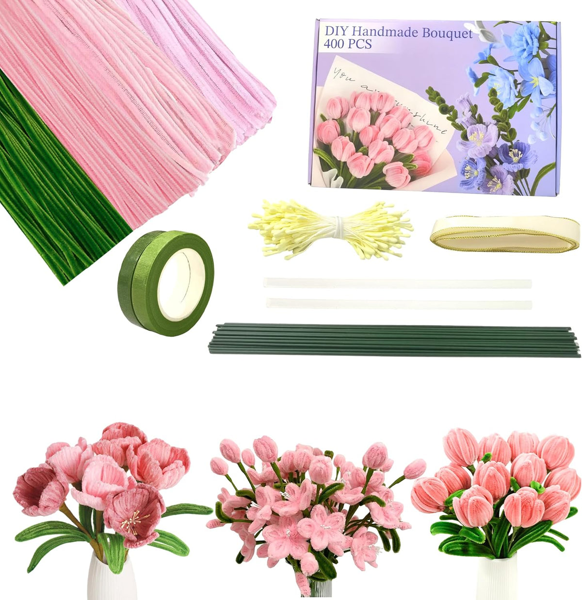 Pipe Cleaner Flower Kit 400Pcs Pipe Cleaners Craft Bulk Chenille Stems for Flower Making DIY Bouquets Party Decor with Floral Wires, Gardening Tape,Stamen & Ribbon (Pink)