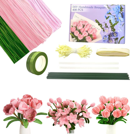 Pipe Cleaner Flower Kit 400Pcs Pipe Cleaners Craft Bulk Chenille Stems for Flower Making DIY Bouquets Party Decor with Floral Wires, Gardening Tape,Stamen & Ribbon (Pink)