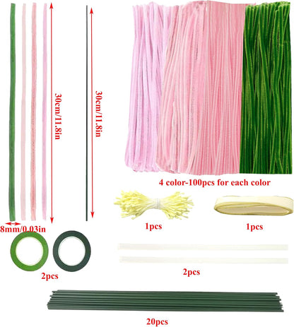 Pipe Cleaner Flower Kit 400Pcs Pipe Cleaners Craft Bulk Chenille Stems for Flower Making DIY Bouquets Party Decor with Floral Wires, Gardening Tape,Stamen & Ribbon (Pink)