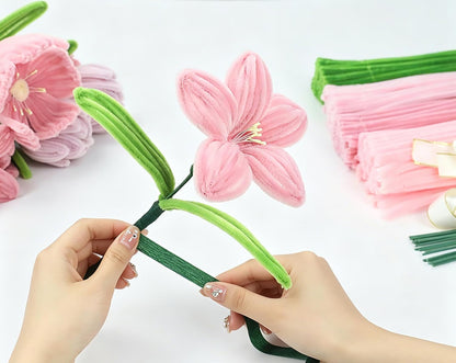 Pipe Cleaner Flower Kit 400Pcs Pipe Cleaners Craft Bulk Chenille Stems for Flower Making DIY Bouquets Party Decor with Floral Wires, Gardening Tape,Stamen & Ribbon (Pink)