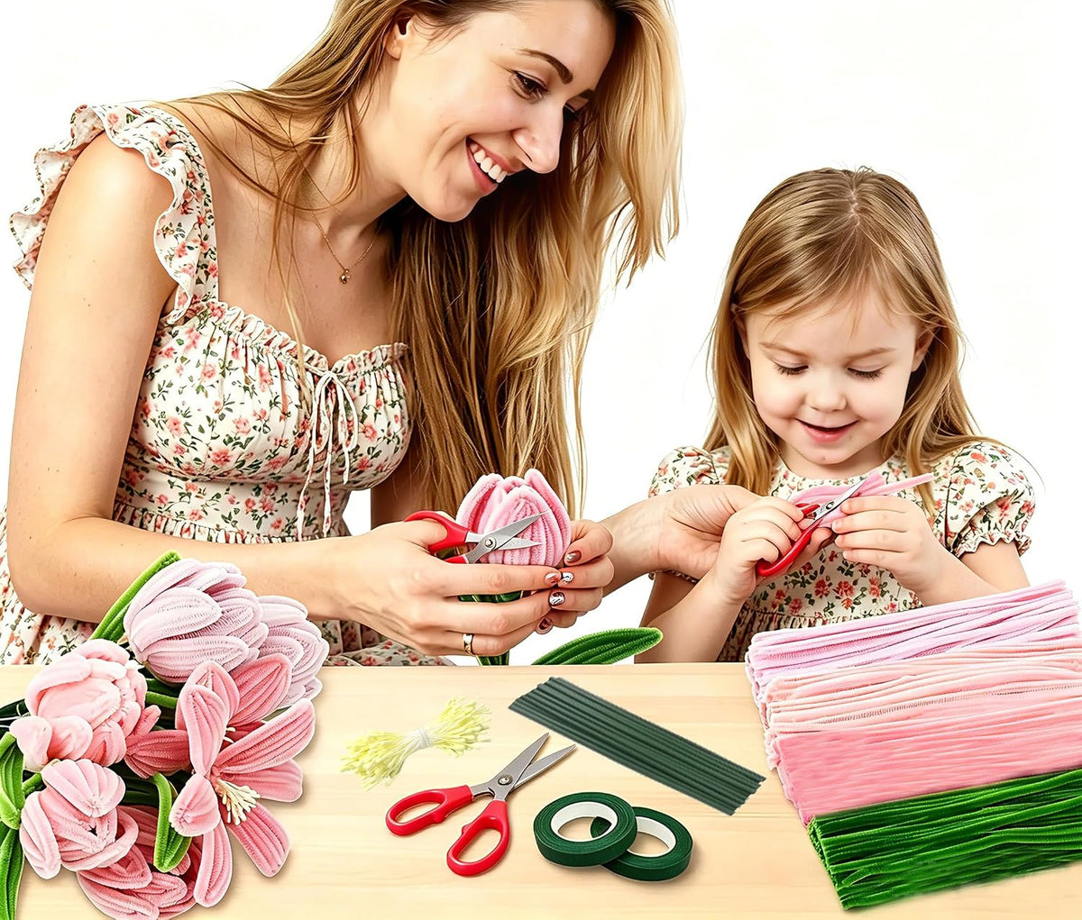 Pipe Cleaner Flower Kit 400Pcs Pipe Cleaners Craft Bulk Chenille Stems for Flower Making DIY Bouquets Party Decor with Floral Wires, Gardening Tape,Stamen & Ribbon (Pink)