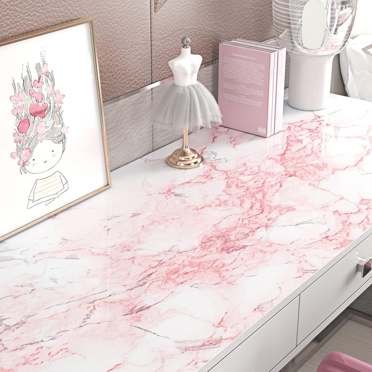Waterproof Pink Marble Contact Paper for Countertops Peel and Stick Marble Wallpaper Sticky Desk Wallpaper for Bedroom Dresser Cover Bathroom Counter Top Wrap Classroom Dorm Wall 15.8x78.8