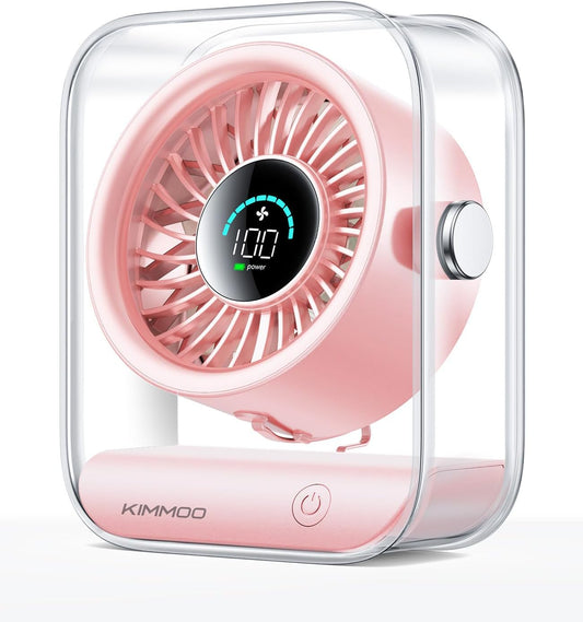 Rechargeable USB Desk Fan, Quiet Table Fan with Turbo Airflow, 100 Speeds, Digital Display, 90° Rotating, Small Battery Desktop Fans for Bedroom Home Office Travel, Pink