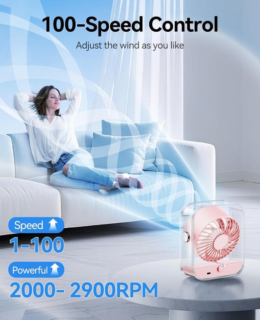 Rechargeable USB Desk Fan, Quiet Table Fan with Turbo Airflow, 100 Speeds, Digital Display, 90° Rotating, Small Battery Desktop Fans for Bedroom Home Office Travel, Pink