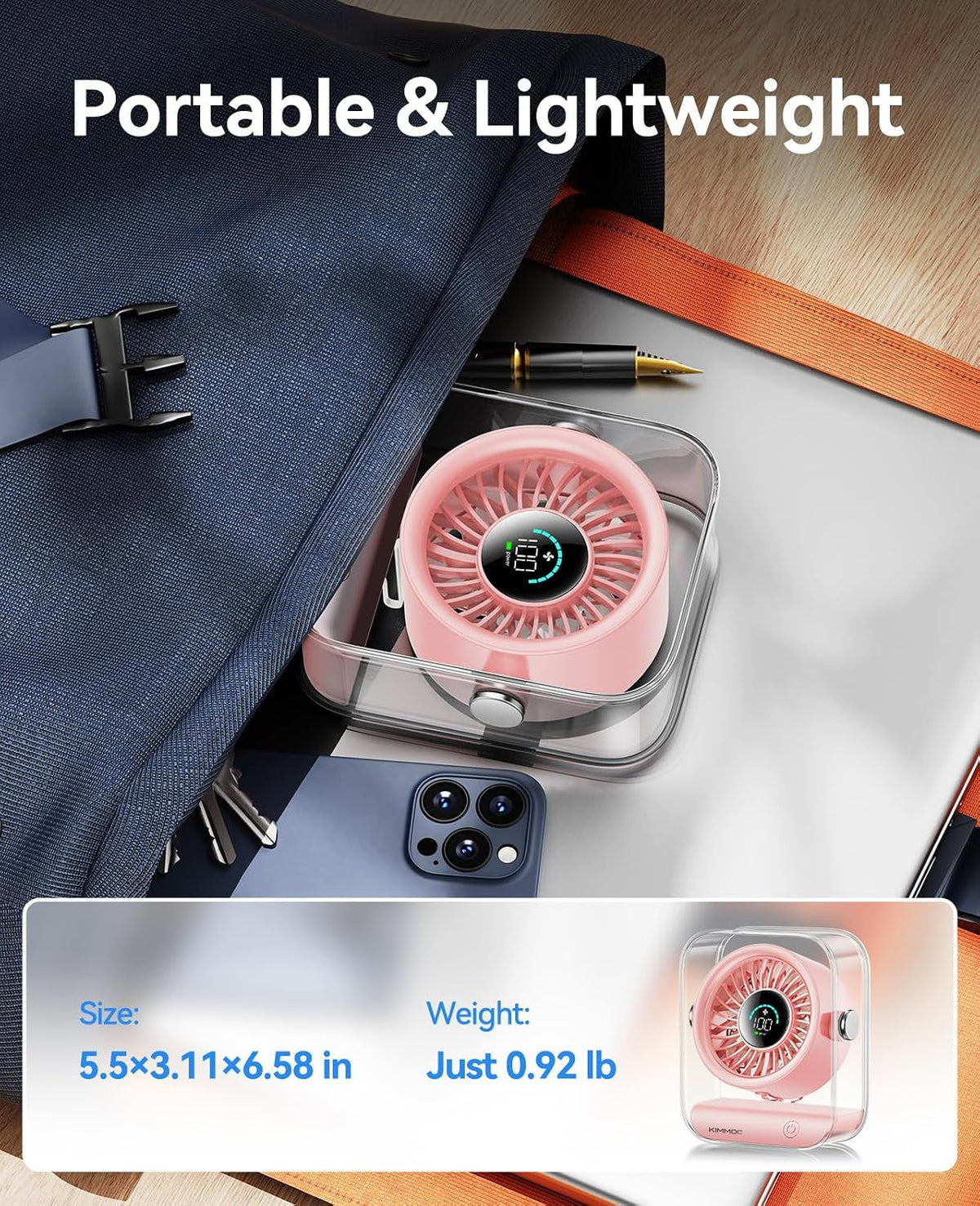 Rechargeable USB Desk Fan, Quiet Table Fan with Turbo Airflow, 100 Speeds, Digital Display, 90° Rotating, Small Battery Desktop Fans for Bedroom Home Office Travel, Pink