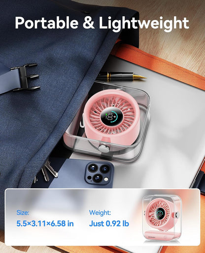 Rechargeable USB Desk Fan, Quiet Table Fan with Turbo Airflow, 100 Speeds, Digital Display, 90° Rotating, Small Battery Desktop Fans for Bedroom Home Office Travel, Pink