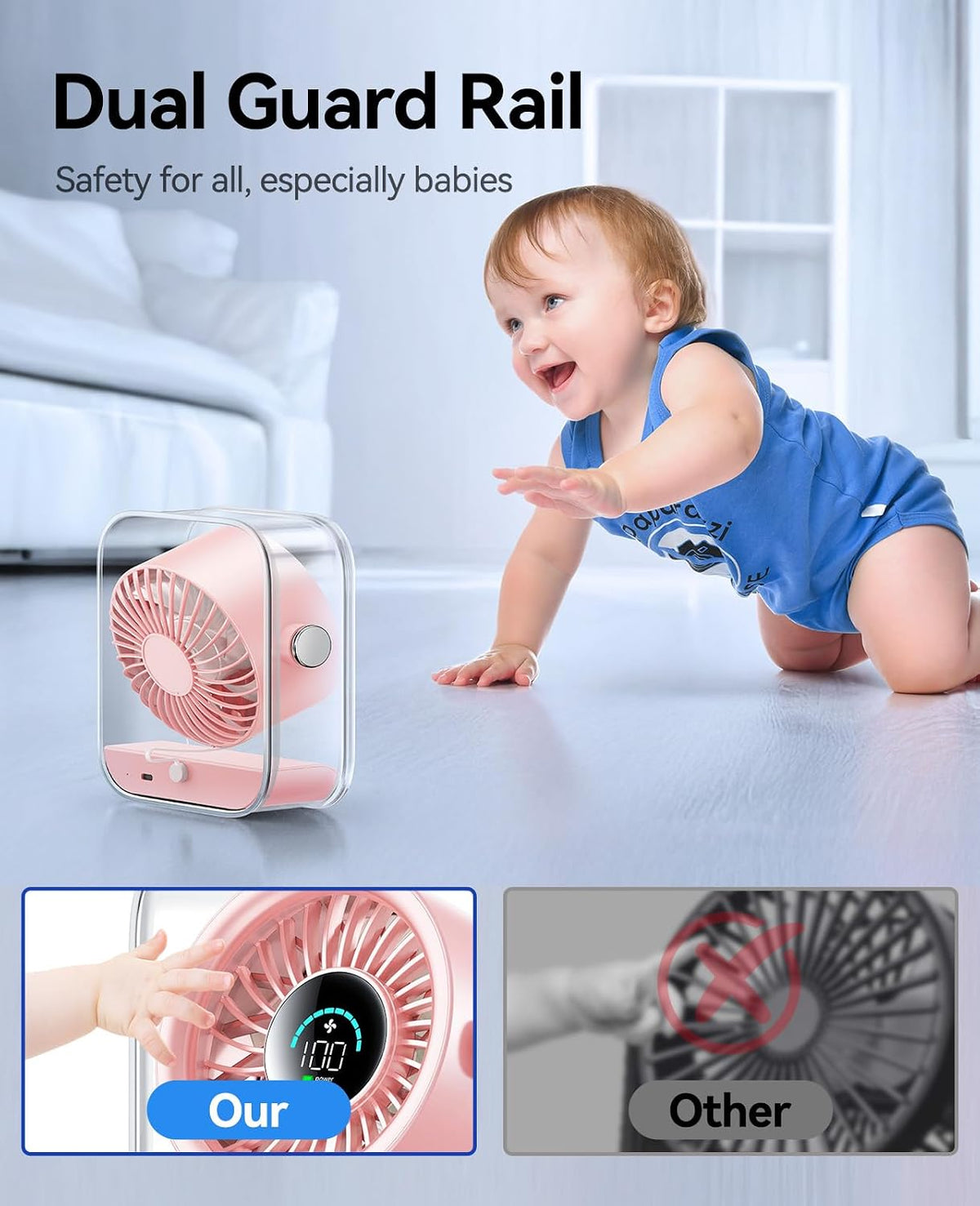 Rechargeable USB Desk Fan, Quiet Table Fan with Turbo Airflow, 100 Speeds, Digital Display, 90° Rotating, Small Battery Desktop Fans for Bedroom Home Office Travel, Pink