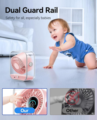 Rechargeable USB Desk Fan, Quiet Table Fan with Turbo Airflow, 100 Speeds, Digital Display, 90° Rotating, Small Battery Desktop Fans for Bedroom Home Office Travel, Pink