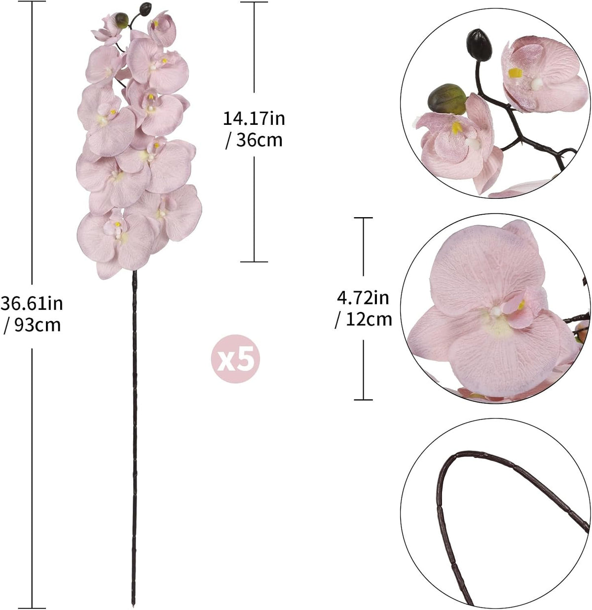 36.6'' Pink Orchids Artificial Flowers 10 Large Blooms Fake Phalaenopsis Branches 5PCS Long Stem Faux Silk Orchids for Tall Vase for Bridal Shower Wedding Home Party Office Decor (Pink)