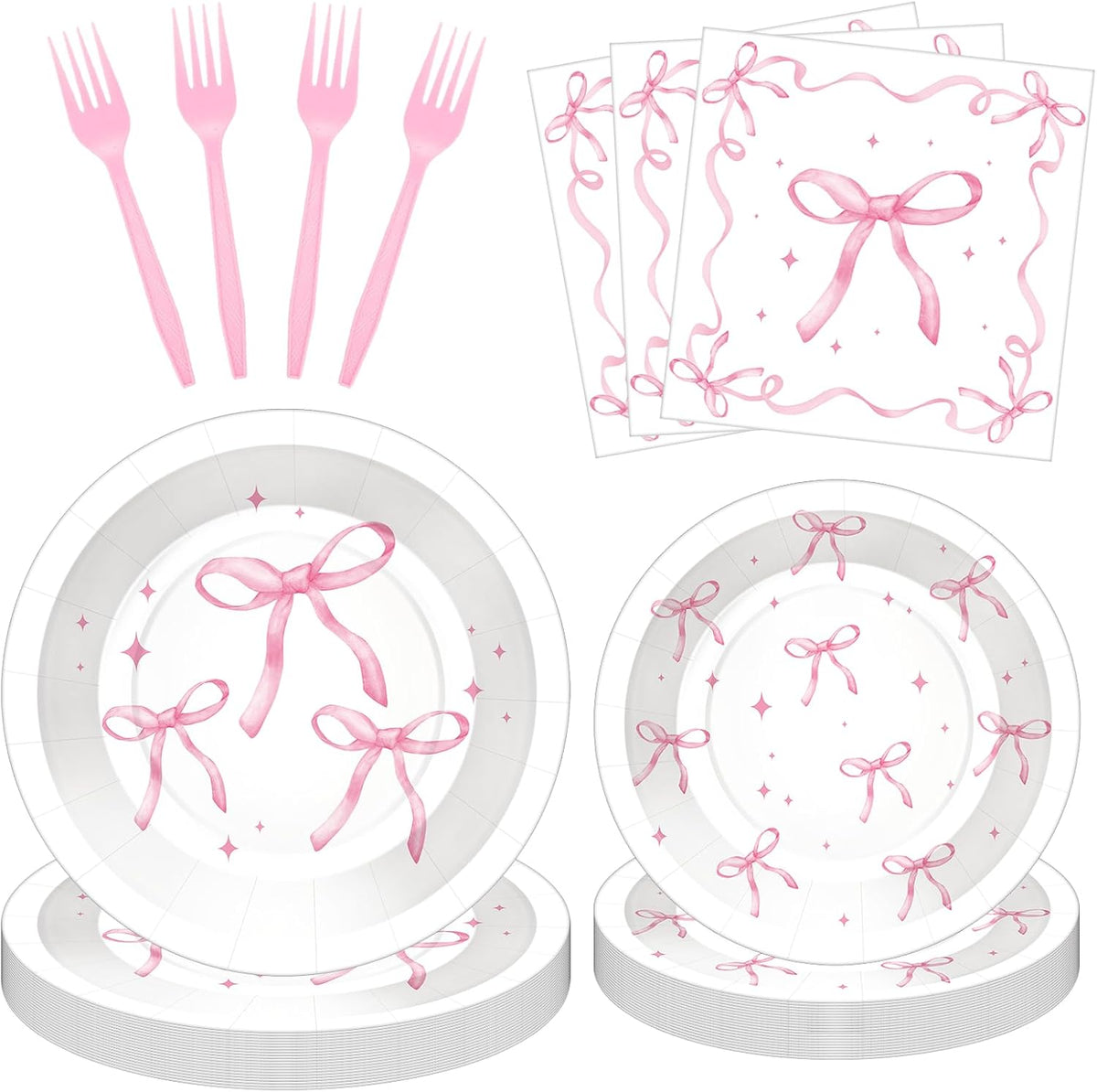 100 Pcs Pink Ribbon Bow Party Supplies Set, Serves 25 – Disposable Paper Plates, Napkins, and Plastic Forks, Coquette-Inspired Bow-Themed Tableware for Birthday, Bridal Shower, Wedding Decorations