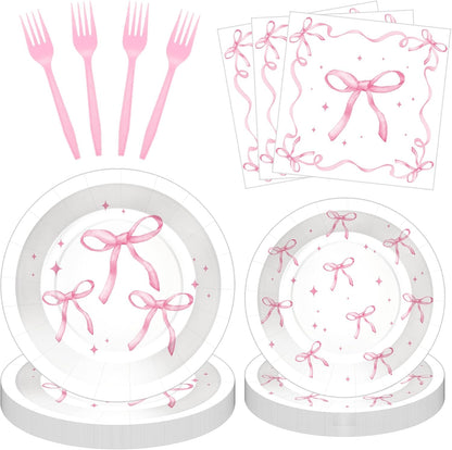 100 Pcs Pink Ribbon Bow Party Supplies Set, Serves 25 – Disposable Paper Plates, Napkins, and Plastic Forks, Coquette-Inspired Bow-Themed Tableware for Birthday, Bridal Shower, Wedding Decorations