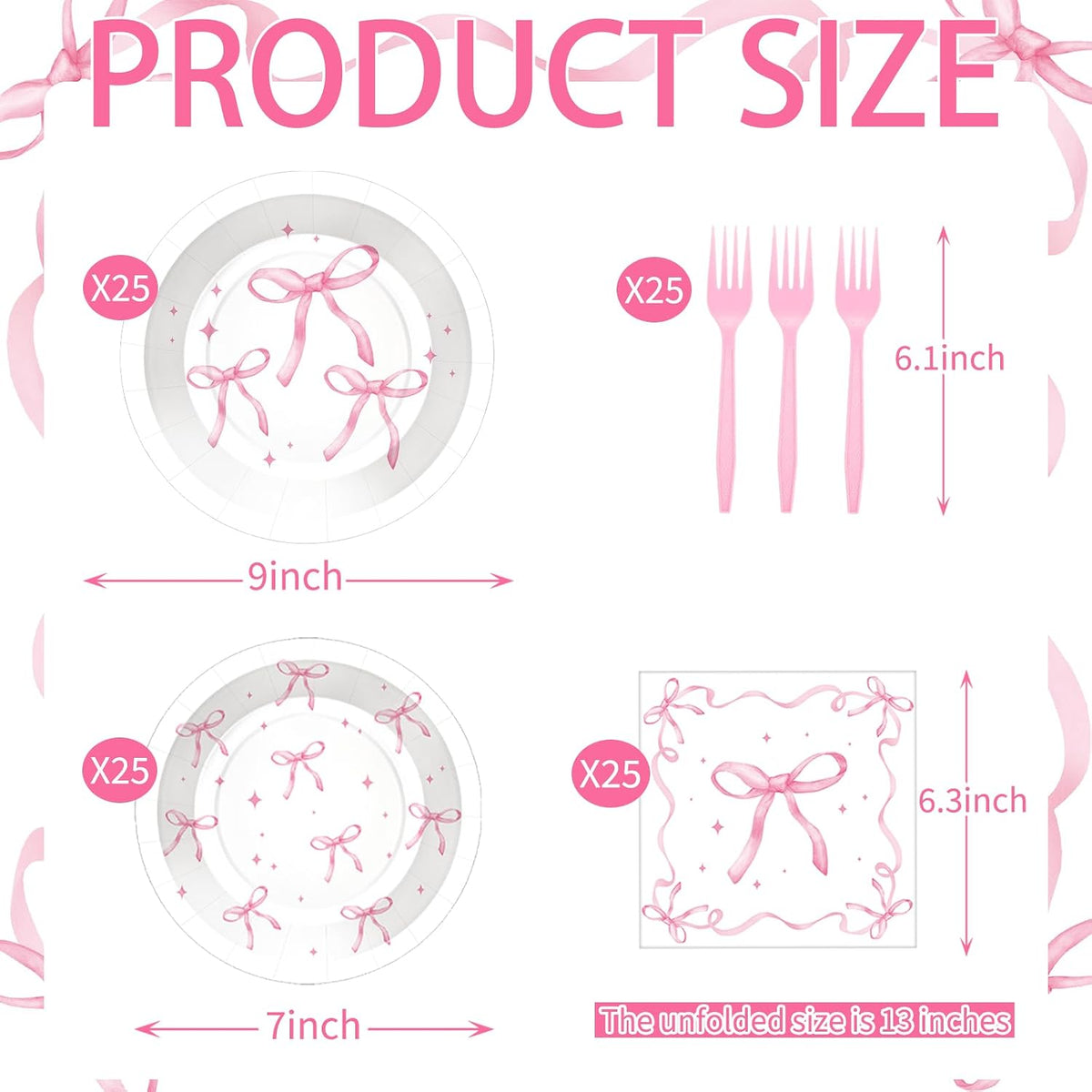 100 Pcs Pink Ribbon Bow Party Supplies Set, Serves 25 – Disposable Paper Plates, Napkins, and Plastic Forks, Coquette-Inspired Bow-Themed Tableware for Birthday, Bridal Shower, Wedding Decorations