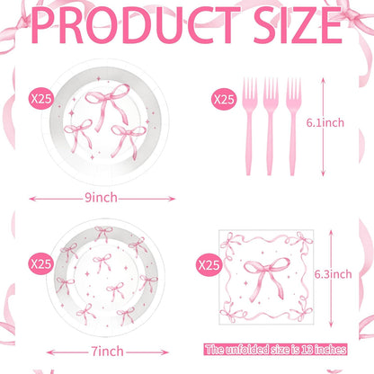 100 Pcs Pink Ribbon Bow Party Supplies Set, Serves 25 – Disposable Paper Plates, Napkins, and Plastic Forks, Coquette-Inspired Bow-Themed Tableware for Birthday, Bridal Shower, Wedding Decorations