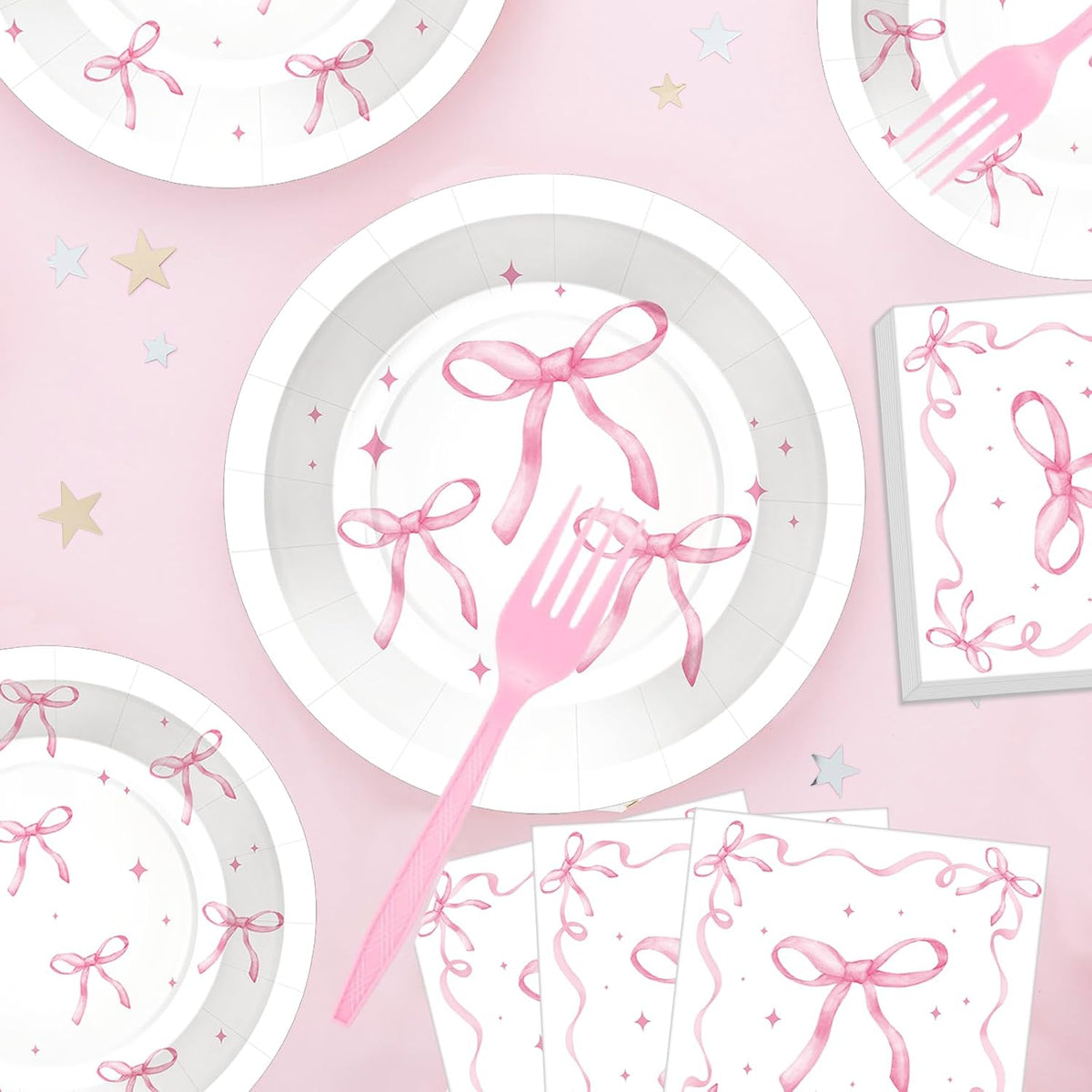 100 Pcs Pink Ribbon Bow Party Supplies Set, Serves 25 – Disposable Paper Plates, Napkins, and Plastic Forks, Coquette-Inspired Bow-Themed Tableware for Birthday, Bridal Shower, Wedding Decorations