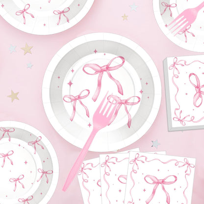 100 Pcs Pink Ribbon Bow Party Supplies Set, Serves 25 – Disposable Paper Plates, Napkins, and Plastic Forks, Coquette-Inspired Bow-Themed Tableware for Birthday, Bridal Shower, Wedding Decorations