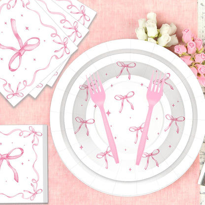100 Pcs Pink Ribbon Bow Party Supplies Set, Serves 25 – Disposable Paper Plates, Napkins, and Plastic Forks, Coquette-Inspired Bow-Themed Tableware for Birthday, Bridal Shower, Wedding Decorations