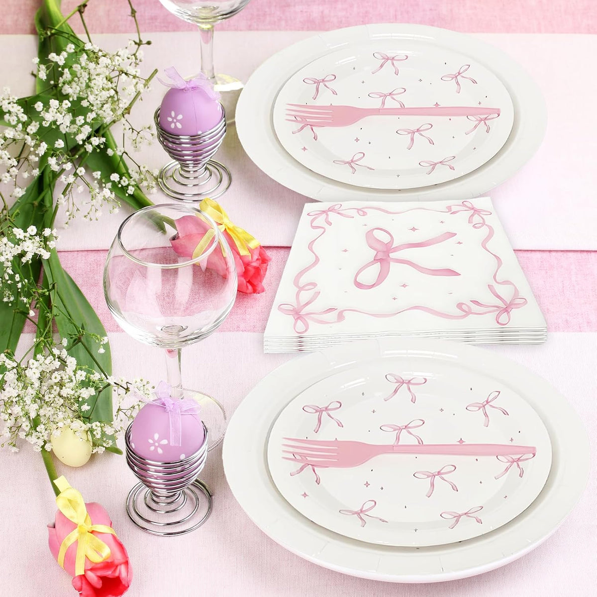 100 Pcs Pink Ribbon Bow Party Supplies Set, Serves 25 – Disposable Paper Plates, Napkins, and Plastic Forks, Coquette-Inspired Bow-Themed Tableware for Birthday, Bridal Shower, Wedding Decorations