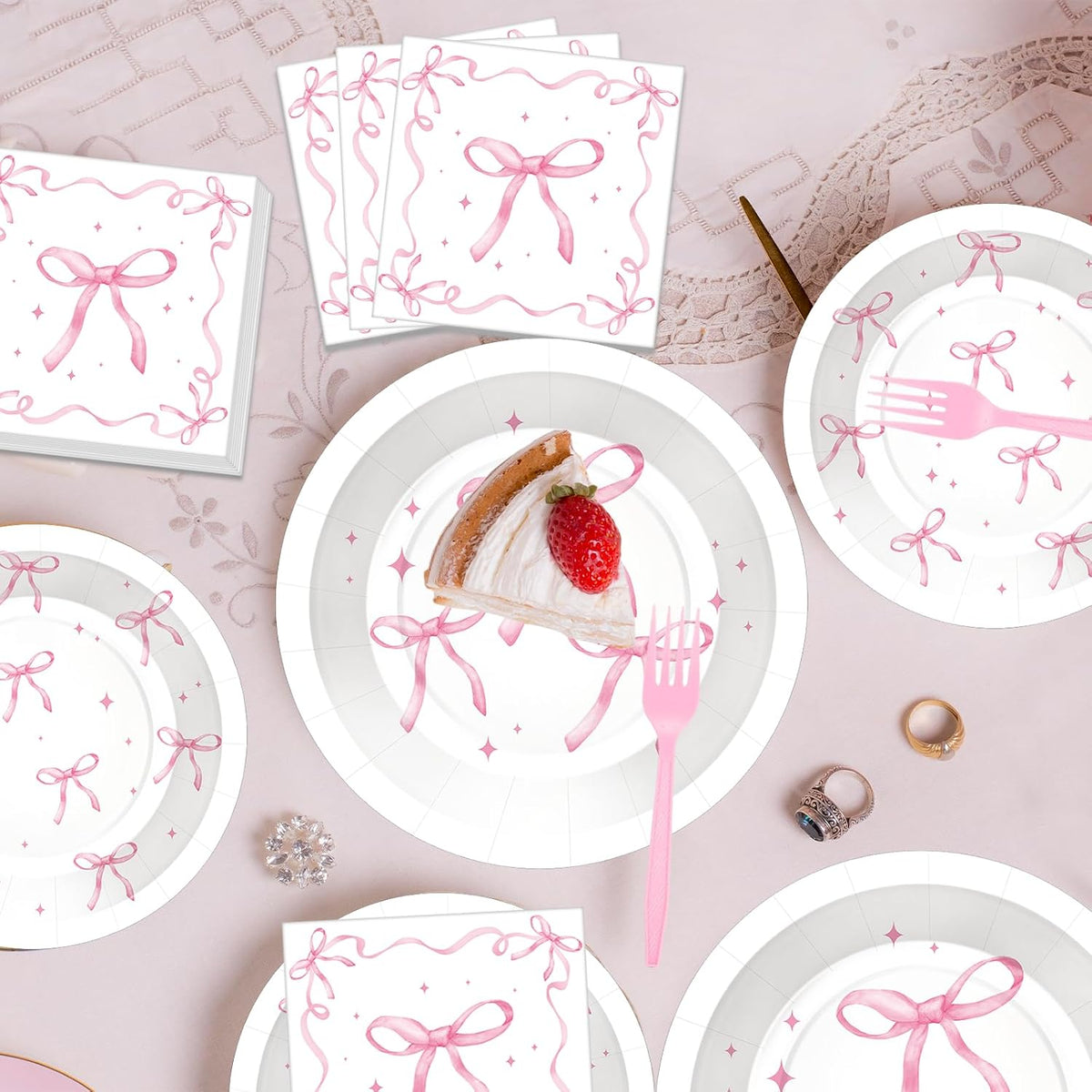 100 Pcs Pink Ribbon Bow Party Supplies Set, Serves 25 – Disposable Paper Plates, Napkins, and Plastic Forks, Coquette-Inspired Bow-Themed Tableware for Birthday, Bridal Shower, Wedding Decorations