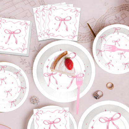 100 Pcs Pink Ribbon Bow Party Supplies Set, Serves 25 – Disposable Paper Plates, Napkins, and Plastic Forks, Coquette-Inspired Bow-Themed Tableware for Birthday, Bridal Shower, Wedding Decorations