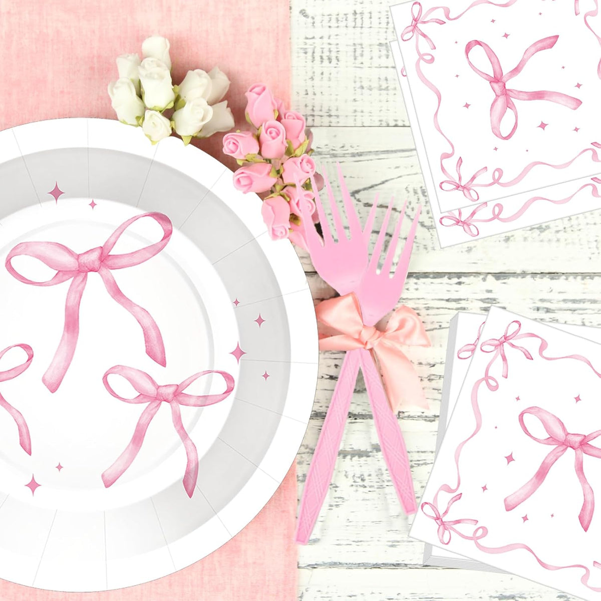 100 Pcs Pink Ribbon Bow Party Supplies Set, Serves 25 – Disposable Paper Plates, Napkins, and Plastic Forks, Coquette-Inspired Bow-Themed Tableware for Birthday, Bridal Shower, Wedding Decorations