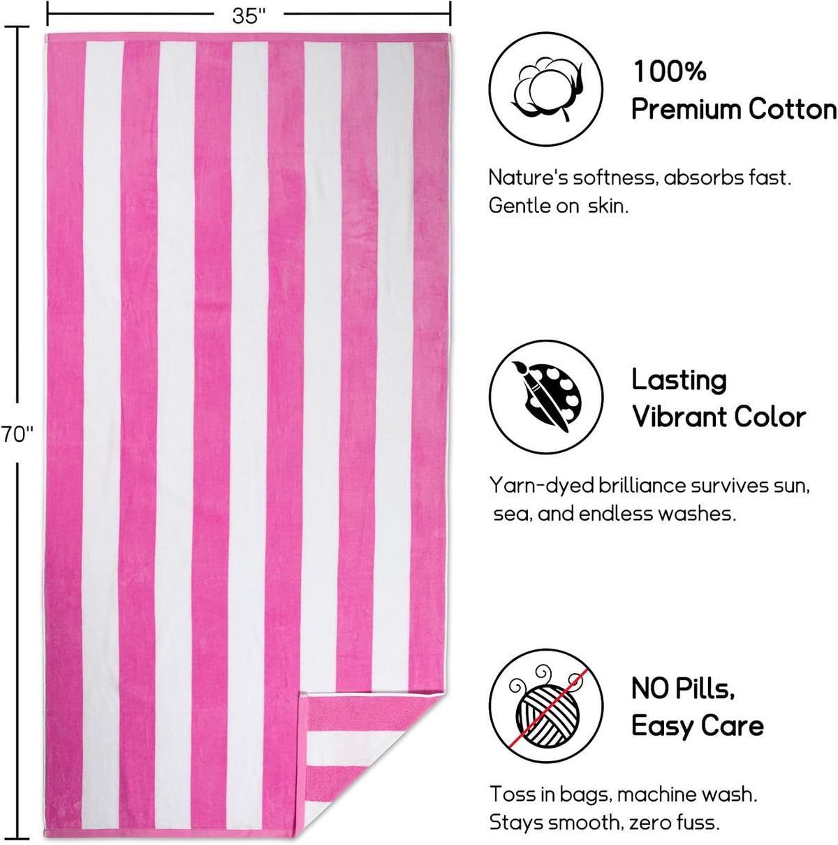 Large Oversized Beach Towel - 35 x 70 Inch Cotton Pool Towel, Pink Striped Soft Cabana Swim Towel