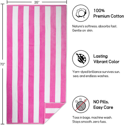 Large Oversized Beach Towel - 35 x 70 Inch Cotton Pool Towel, Pink Striped Soft Cabana Swim Towel