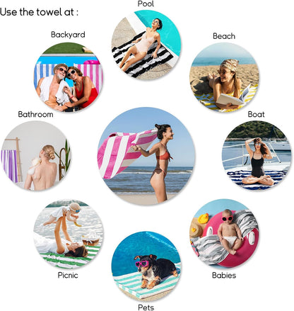 Large Oversized Beach Towel - 35 x 70 Inch Cotton Pool Towel, Pink Striped Soft Cabana Swim Towel