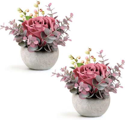 2 Pack Mini Potted Flowers, Pink Rose Artificial Flowers in Pot Fake Greenery Potted Plants Desk Shelf Decor for Home Office Living Room Bathroom