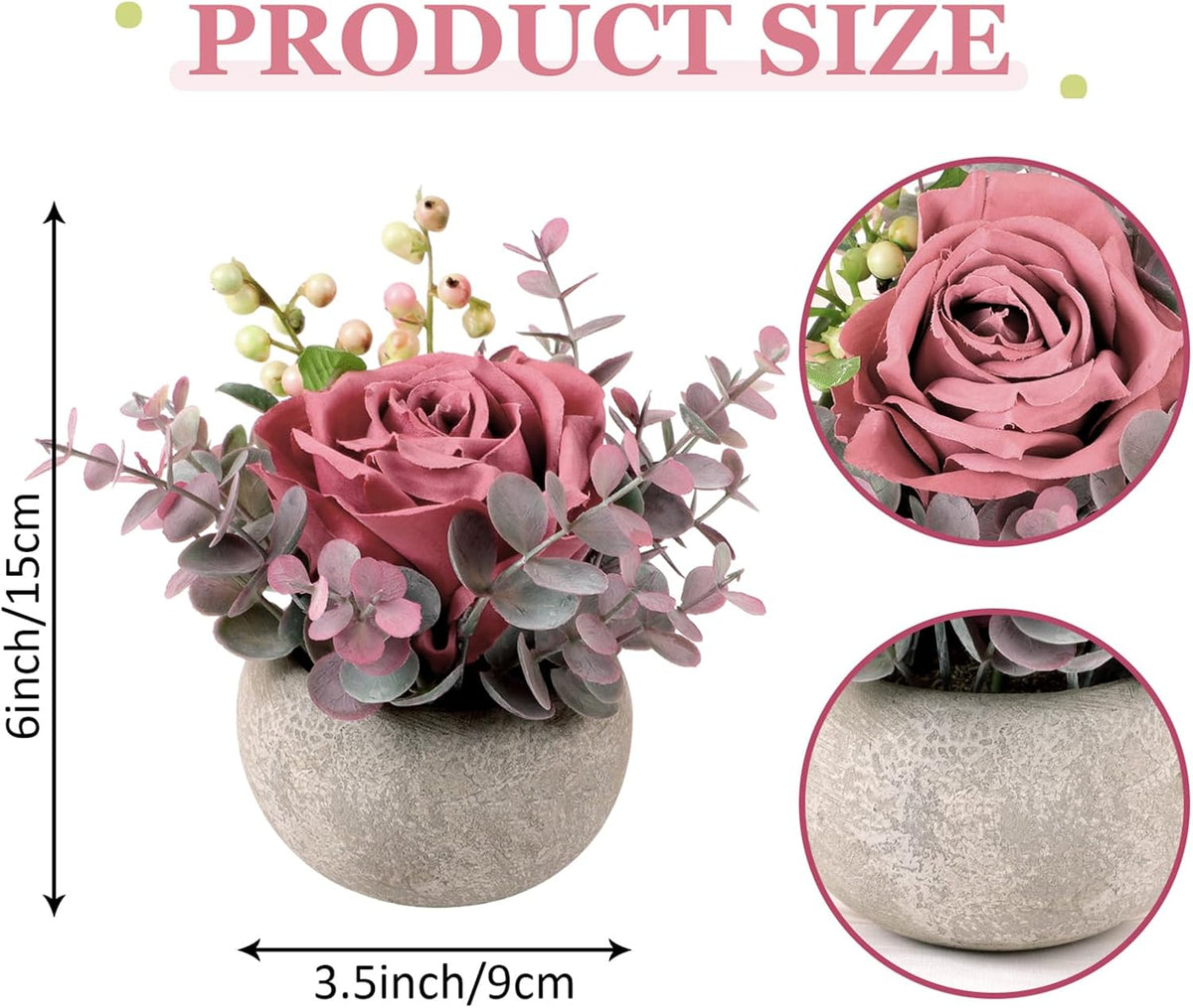 2 Pack Mini Potted Flowers, Pink Rose Artificial Flowers in Pot Fake Greenery Potted Plants Desk Shelf Decor for Home Office Living Room Bathroom