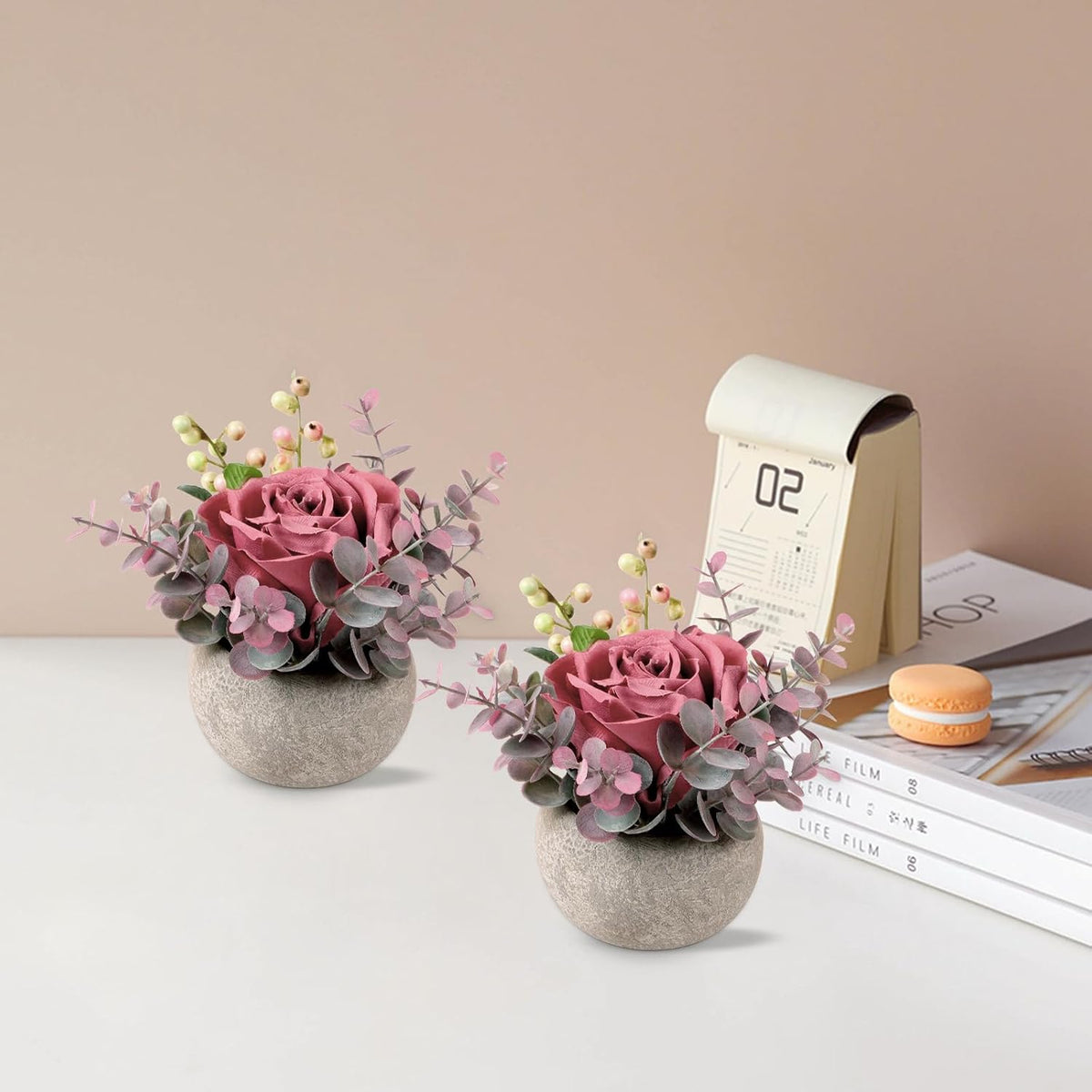 2 Pack Mini Potted Flowers, Pink Rose Artificial Flowers in Pot Fake Greenery Potted Plants Desk Shelf Decor for Home Office Living Room Bathroom