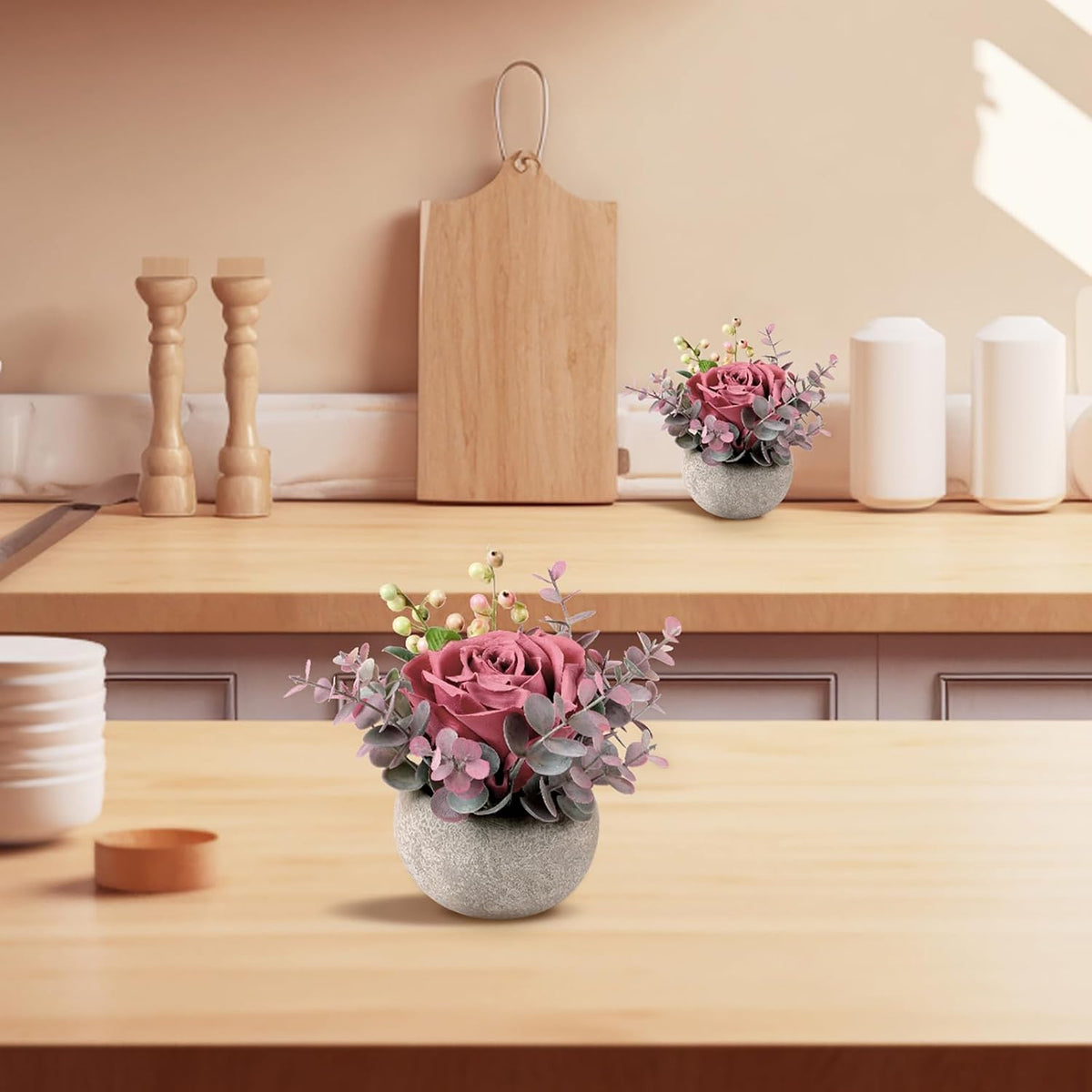 2 Pack Mini Potted Flowers, Pink Rose Artificial Flowers in Pot Fake Greenery Potted Plants Desk Shelf Decor for Home Office Living Room Bathroom