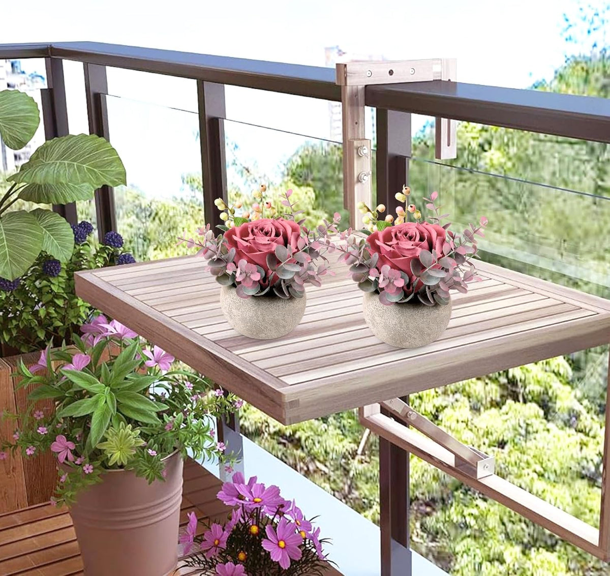 2 Pack Mini Potted Flowers, Pink Rose Artificial Flowers in Pot Fake Greenery Potted Plants Desk Shelf Decor for Home Office Living Room Bathroom