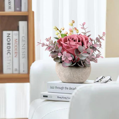 2 Pack Mini Potted Flowers, Pink Rose Artificial Flowers in Pot Fake Greenery Potted Plants Desk Shelf Decor for Home Office Living Room Bathroom