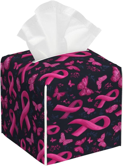 Pink Ribbon Butterfly Print Tissue Box Cover Holder Square, Foldable Modern Cube Tissue Box Cover, Leather Decorative Organizer for Tabletop Bathroom Car Office Desk Decor